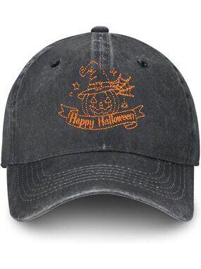 Unisax Halloween Pumpkin Embroidered Adjustable Washed Denim Baseball Hats